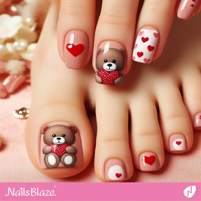 Red Hearts and Teddy Bear Toe Nail Design | Valentine Nails - NB2425